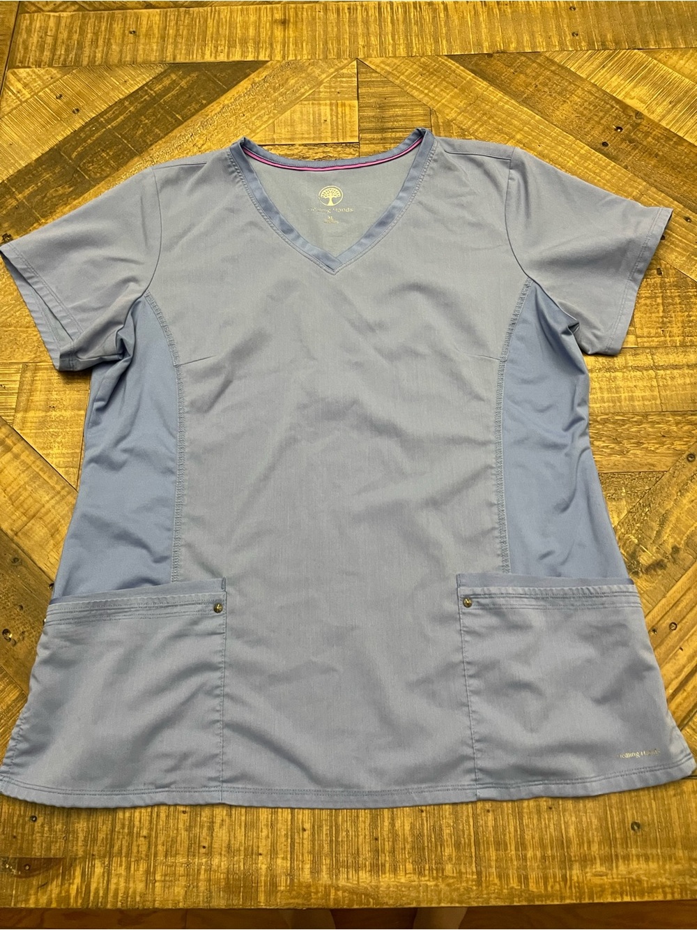 Healing Hands Women's V-Neck Knit Panel Scrub Top – Size XL